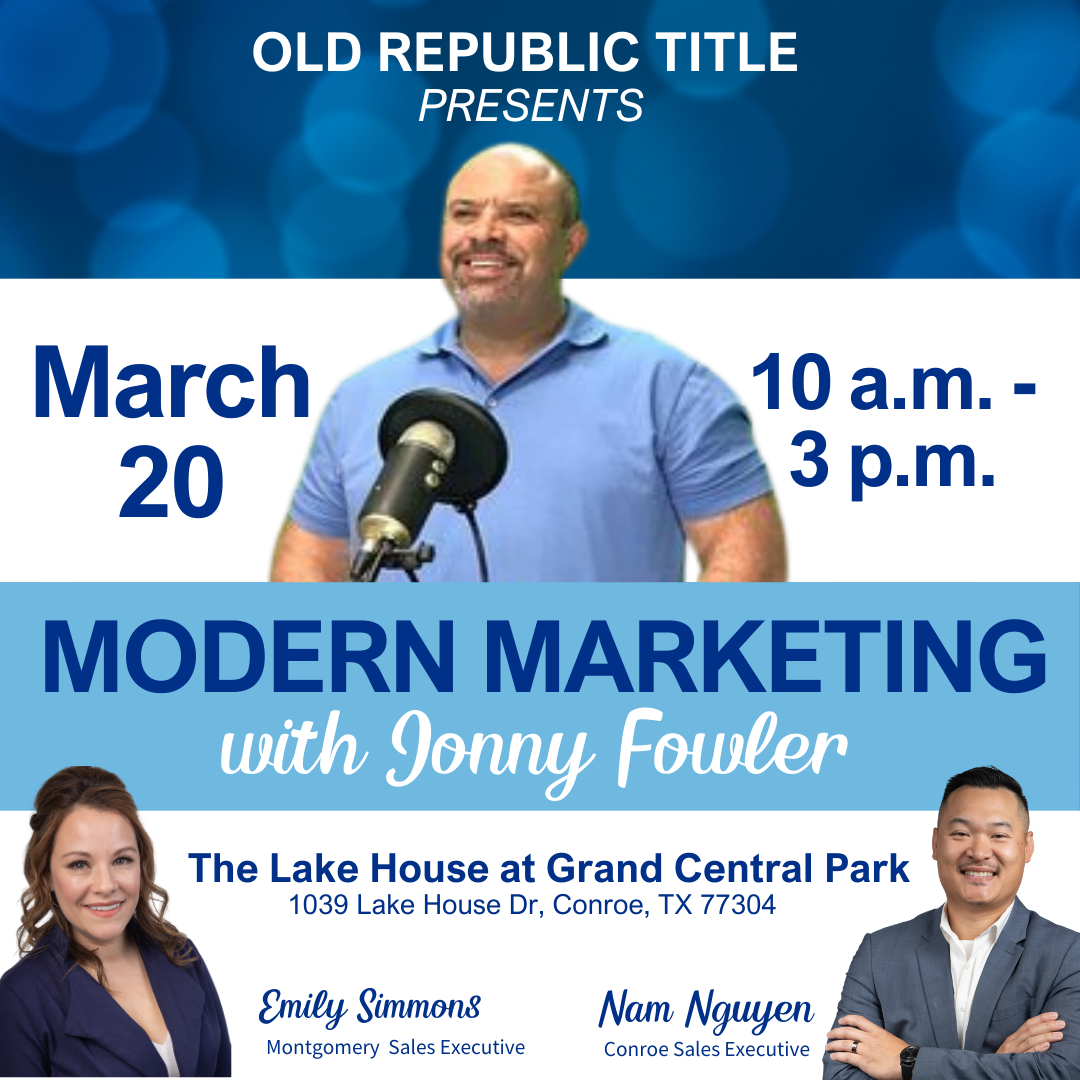 Poster with date/time/location info for Modern Marketing course with photos of instructors.