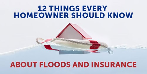 an image of a house on a floaty with the text "12 Things Every Homeowner Should Know About Floods and Insurance"