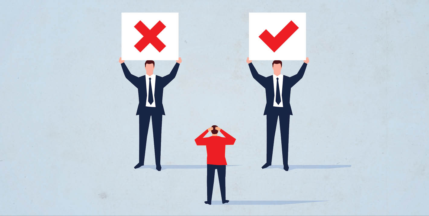 an image of two men in suit holding a sign one with an x and one with a check mark and another man with his hands on his head
