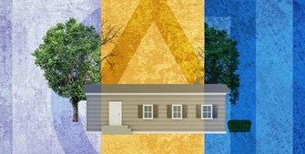 Illustration of a house with trees behind it, image split into 3 vertically. First section is light purple, middle section is gold, third section is dark blue