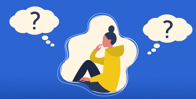 an image of a woman thinking with think bubbles around her