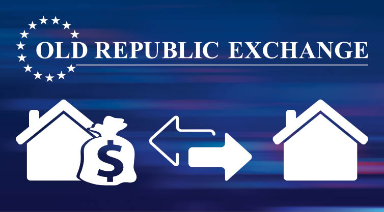 A picture that says Old Republic Exchange and below is a house with a cash bag and a filled in arrow pointing to the right  where there's another house and behind the filled in right arrow, there's an outline arrow pointing to the left.