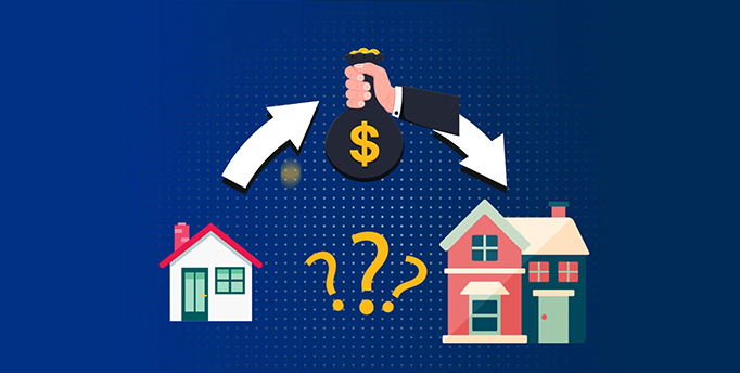 Hand holding bag of money with arrows pointing at two houses with question marks between them